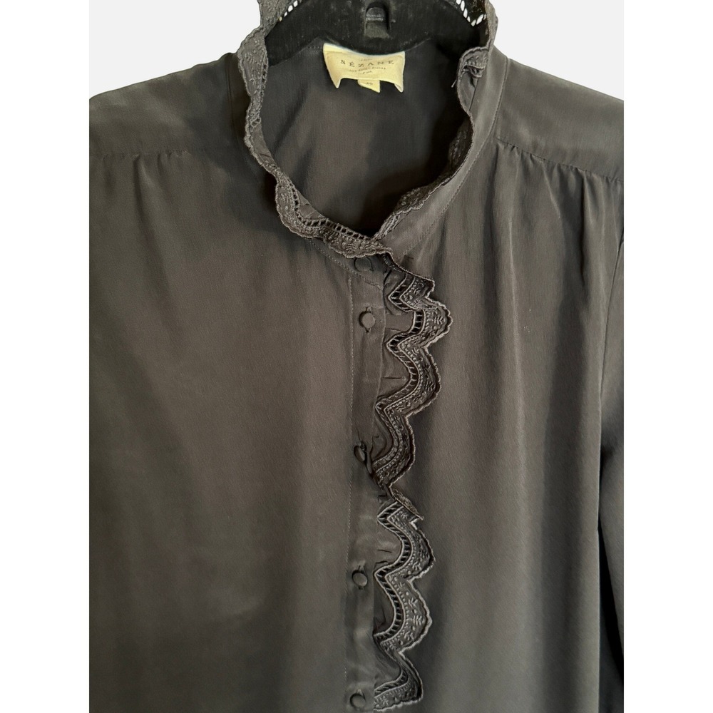 Sezane Chlo Shirt Black Lace Ruffle Collar Button Front Blouse French Girl 8 - Picture 5 of 13